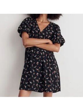 Madewell Challis Sophia Mini Black Floral Button-Front Dress Woodland Pattern L